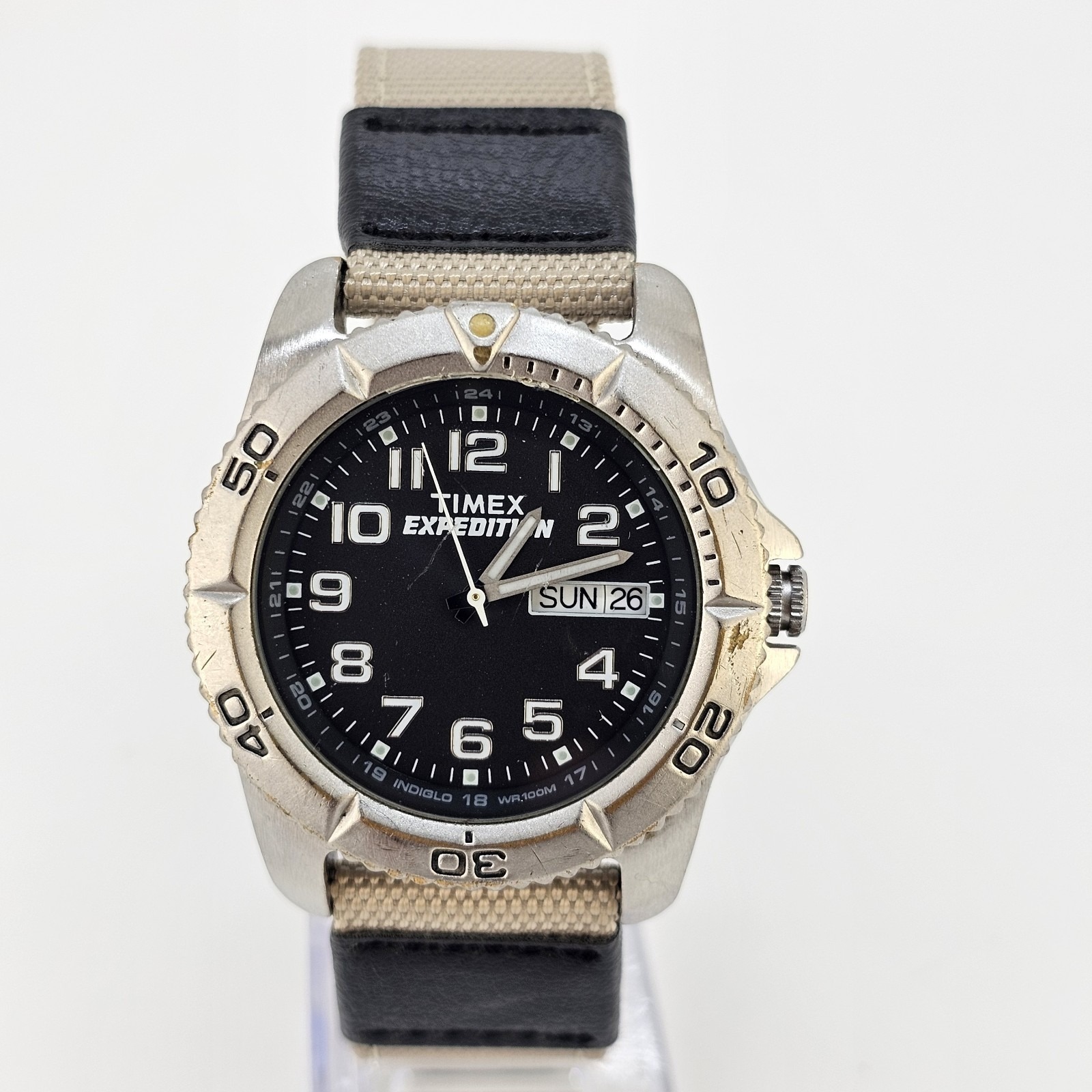 Timex Expedition Men Watch 40mm Black Daydate Dial New Tan Nylon Bands Battery